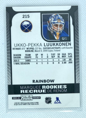 2021-22 OPC Platinum Ukko-Pekka Luukkonen Rainbow Marquee Rookies #215 back